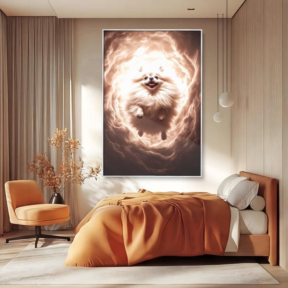 Tablou canvas cu tablou canvas cu caine pomeranian pufos, in rama de aluminiu argintiu, pe perete intr-un dormitor